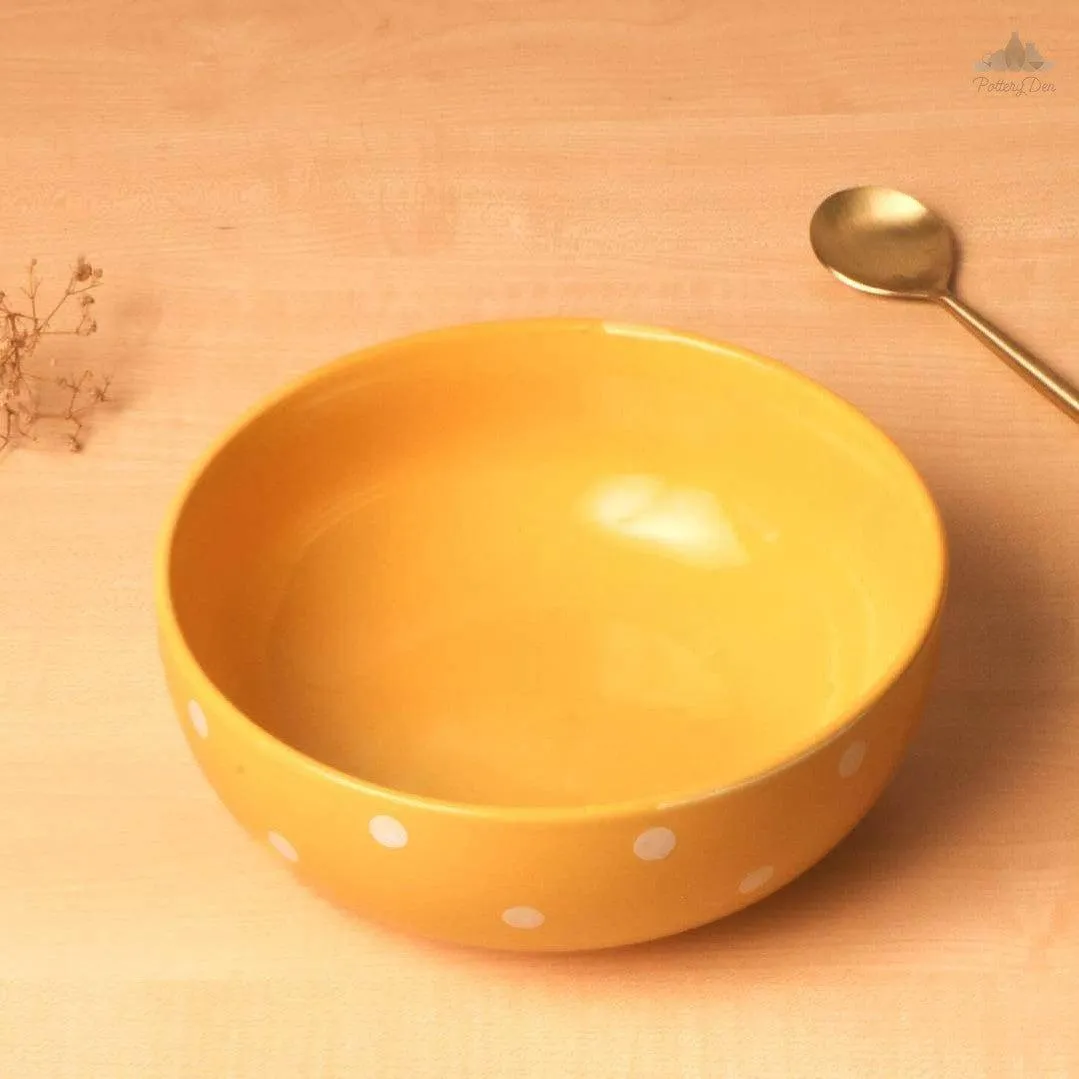 Pastel Yellow Polka Dots Serving Bowl| Height 7.5 cm | Diameter 19 cm | Hand Painted |  Set of 1 | Ceramic Pottery | Ideal for serving food items