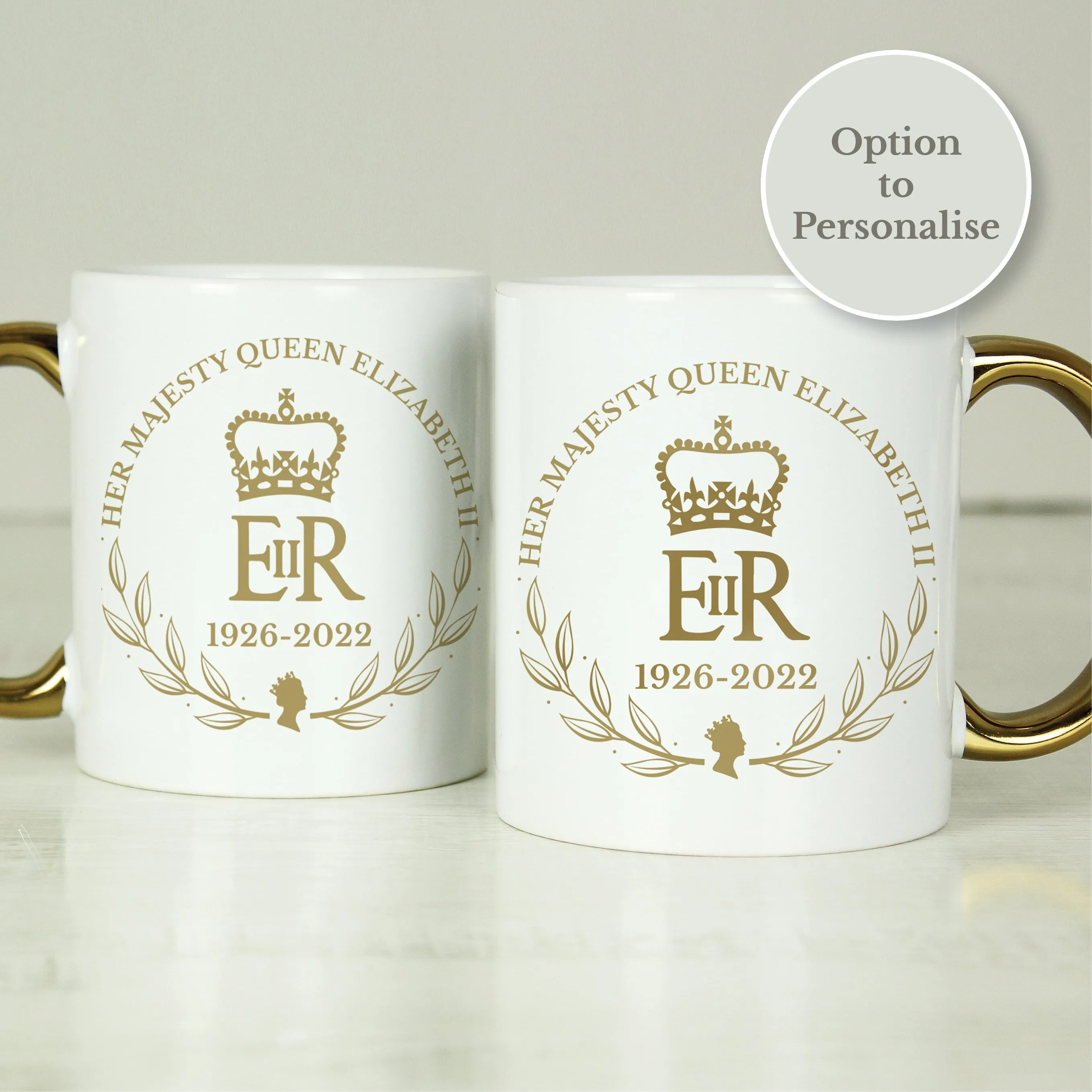 Personalised Queens Commemorative Wreath Gold Handle Mug