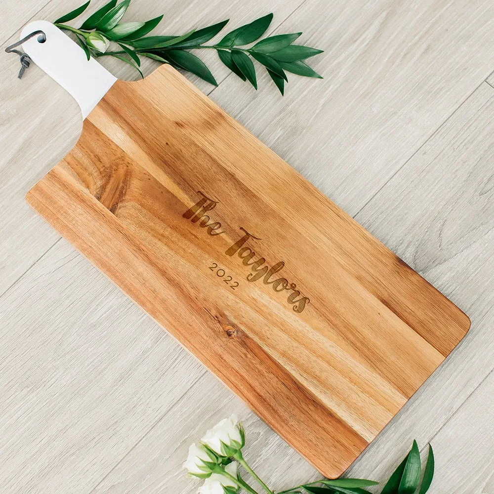 PERSONALIZED WOODEN CUTTING & SERVING BOARD WITH WHITE HANDLE  -  RETRO SCRIPT