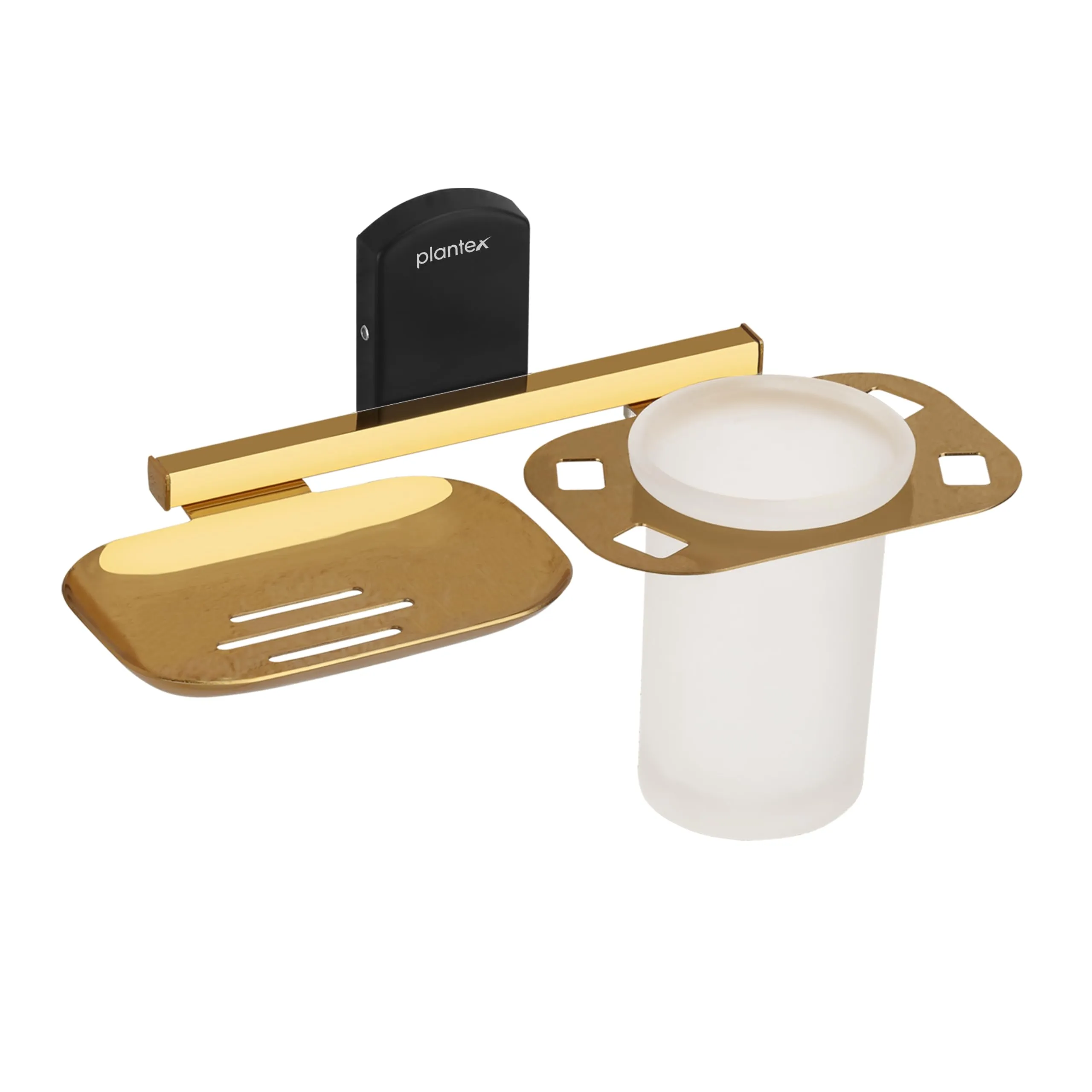 Plantex 304 Grade Stainless Steel 2 in1 Soap Dish with Tumbler Holder/Soap Stand/Tooth Brush Holder for Bathroom/Bathroom Accessories - Parv (Gold & Black)