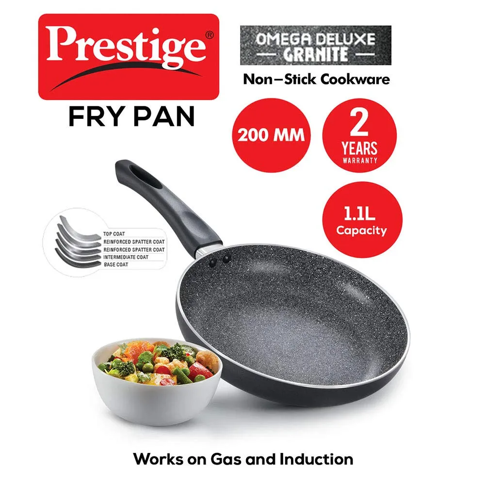 Prestige Non-Stick Omega Deluxe Granite Fry Pan (Omelette Pan)| 20 Centimetre | Black | Induction Base | 5 Layer Non-Stick Cookware | PFOA Free | Easy Grip Handle