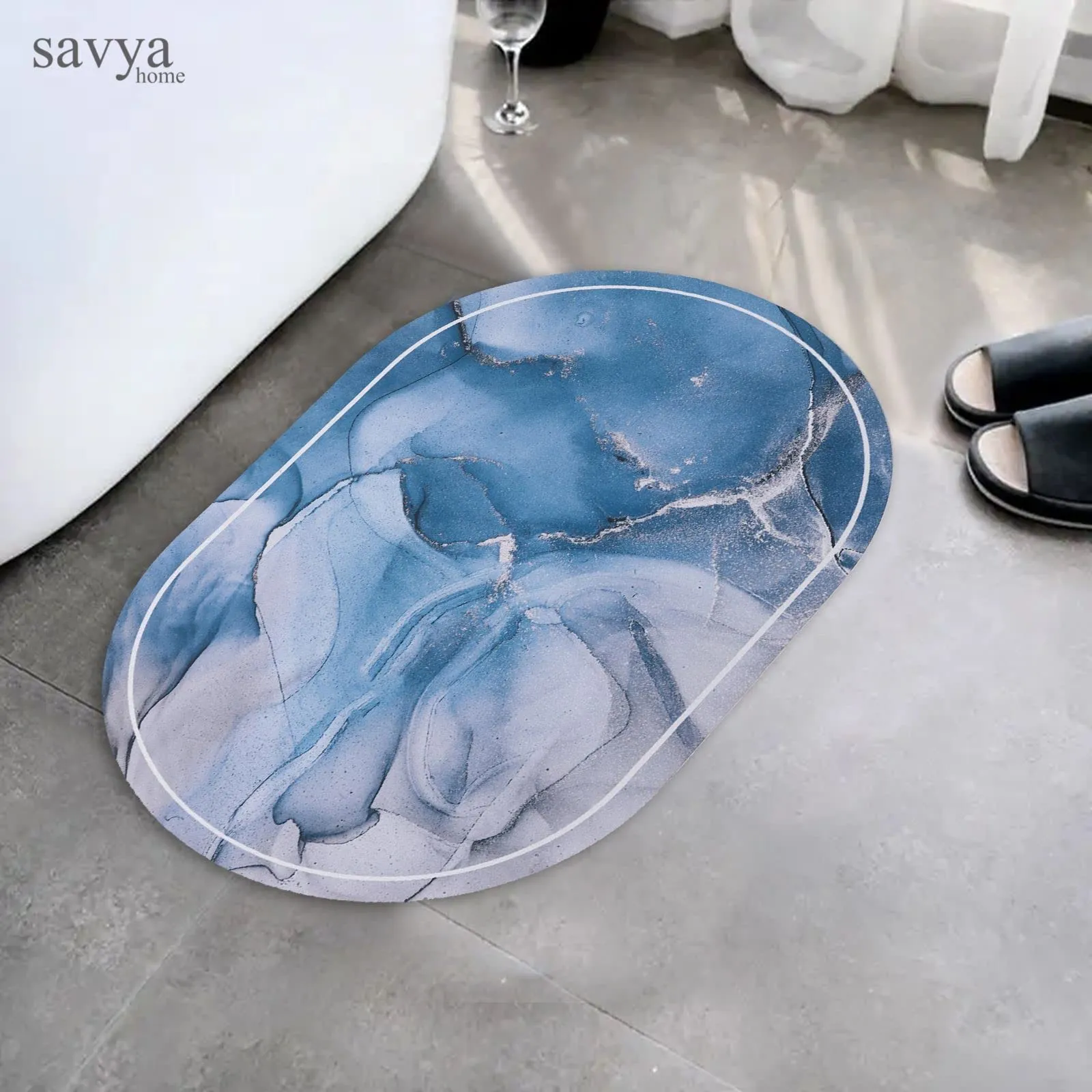 SAVYA HOME Polypropylene Bath Mats | Non Slip Mat for Bathroom & Living Room | Floor Mats for Home | Machine Washable Super Absorbent | Pack of 2 | 60x40cm - Oval, Blue