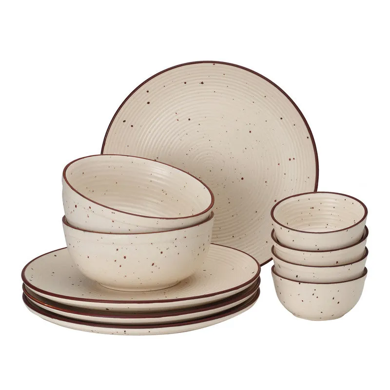 Stoneware Ceramic Dinner Set | 4 Dinner Plates, 4 Bowl Katori & 2 Serving Bowl | Beige | Set of 10