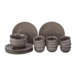 Stoneware Ceramic Dinner Set | 6 Dinner Plates, 12 Bowl & 2 Serving Bowl | Ash Grey | Set of 20