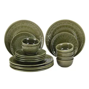 Stoneware Ceramic Dinner Set | 6 Dinner Plates, 6 Small Plates & 6 Bowl Katori | Moss Green | Set of 18