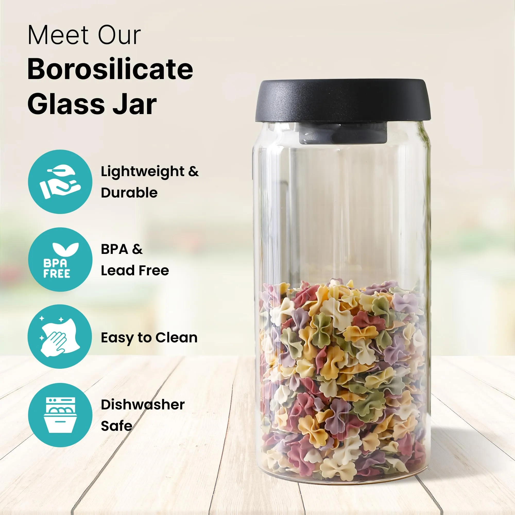 The Better Home Borosilicate Glass Jars For Kitchen (Set of 6-1800ml Each) Glass Container With Lid|Air Tight Container For Storage|Dishwasher Safe Container For Kitchen Storage Set