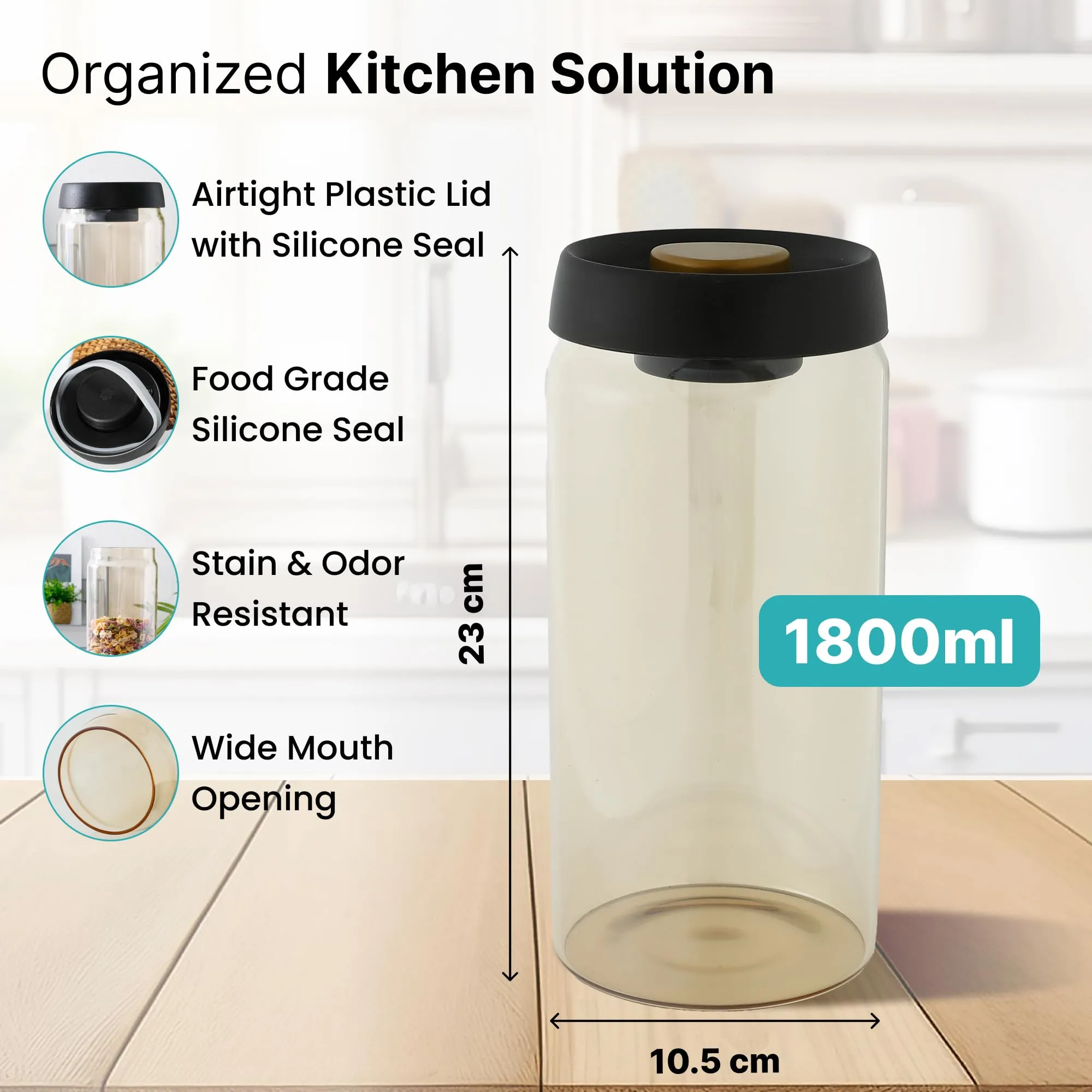 The Better Home Borosilicate Glass Jars For Kitchen (Set of 6-1800ml Each) Glass Container With Lid|Air Tight Container For Storage|Dishwasher Safe Container For Kitchen Storage Set