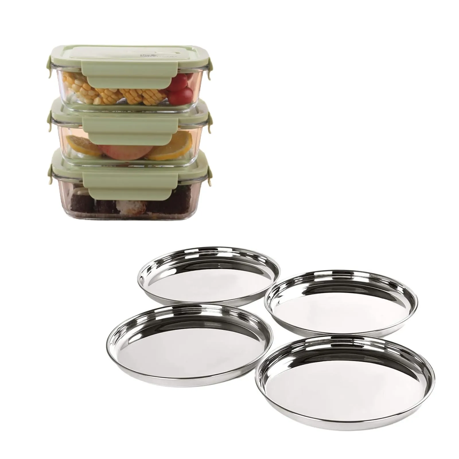 The Better Home Food Containers (Pack of 3) | Food Jars & Containers|Food Storage For Kitchen & SAVYA HOME 4 pcs big Plate Set |Pack and Store Combo (3 Containers   Plate Set)