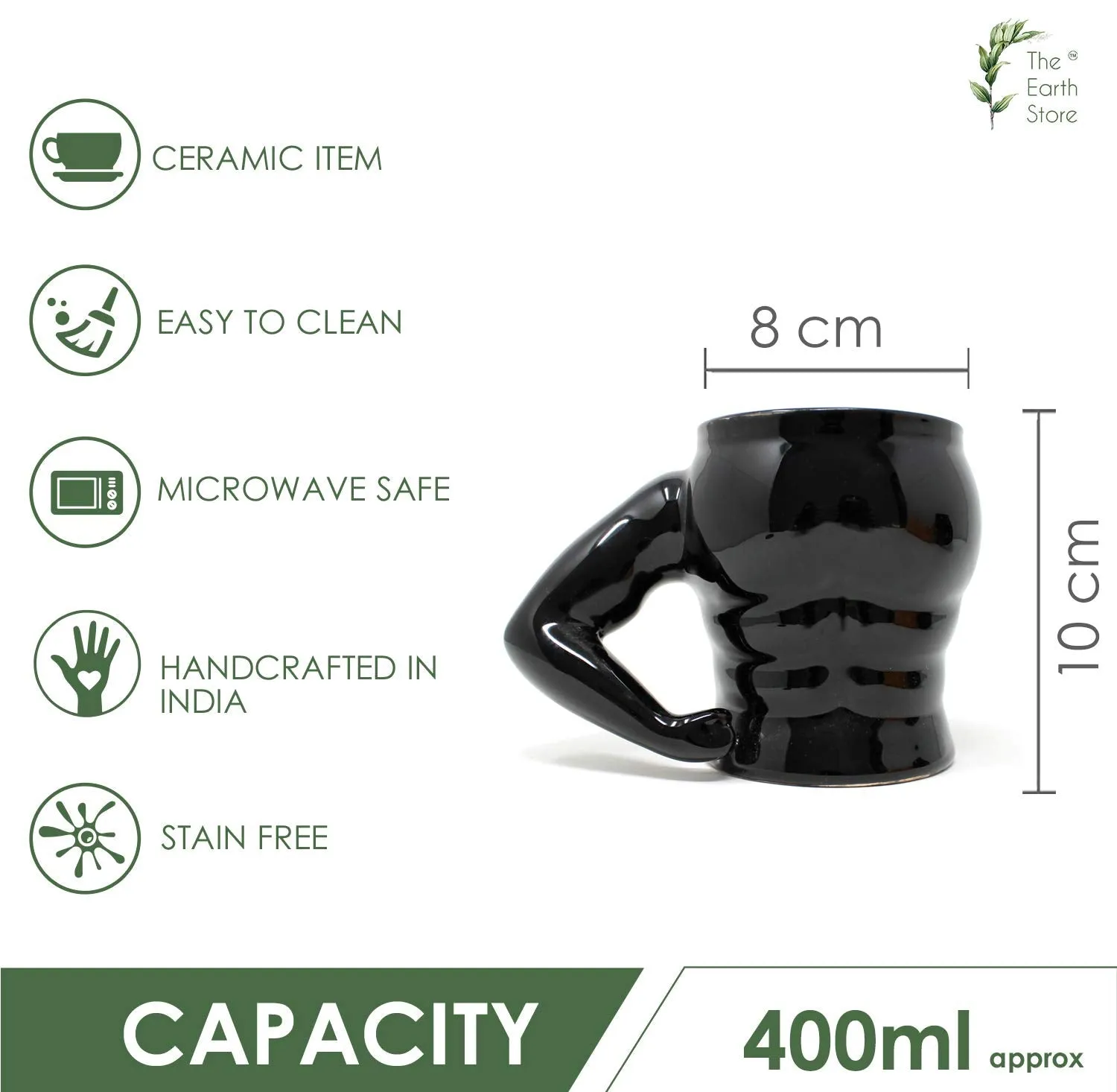 The Earth StoreBlack Muscle Ceramic Mugs to Gift to Best Friend, Tea Mugs, Microwave Safe Coffee Mugs, Ceramic Tea Cups (400 ml, Black)