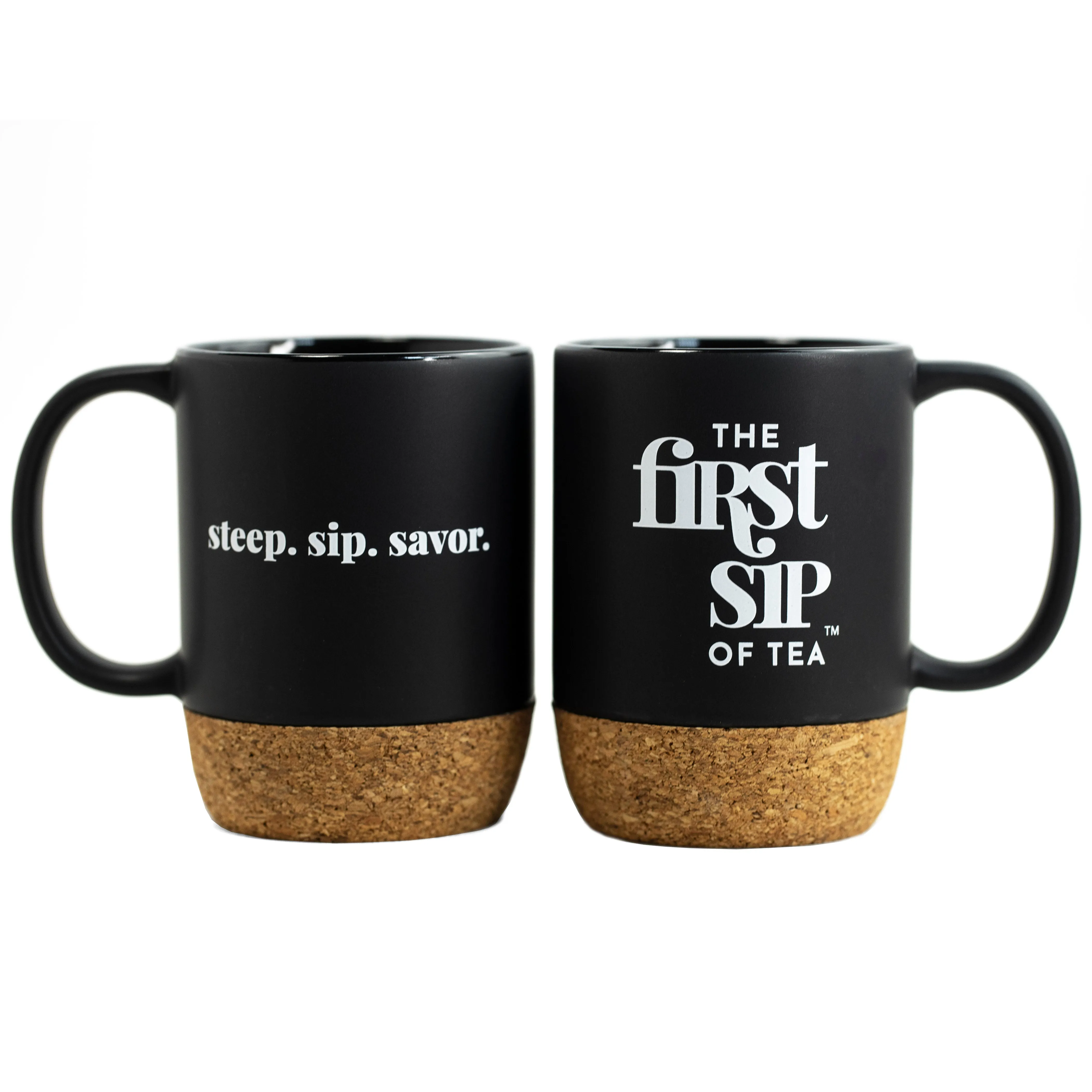 The First Sip of Tea Mug | Black | White | Ceramic & Cork | 13 oz | Tea Cup |Steep Sip Savor