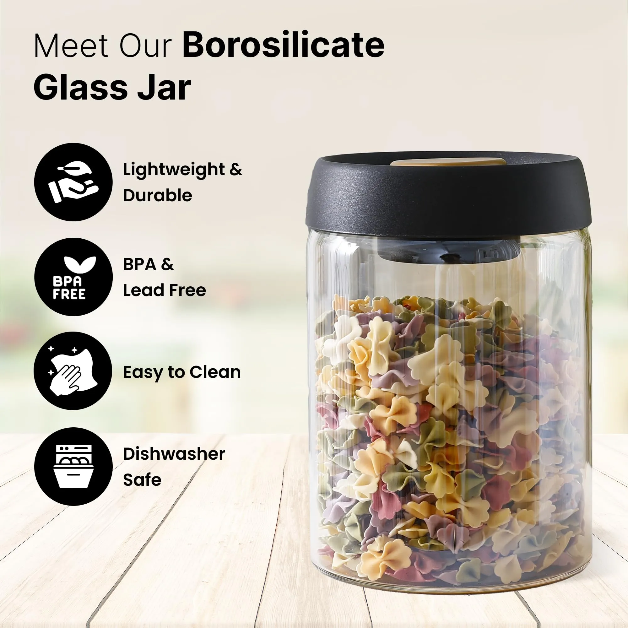 UMAI Borosilicate Glass Jars for Kitchen Storage with Vacuum Plastic Lid | 900ml each- Pack of 2 | Multipurpose Airtight Glass Kitchen Jars for Cookies, Dry fruits, Nuts, Snacks | Amber |