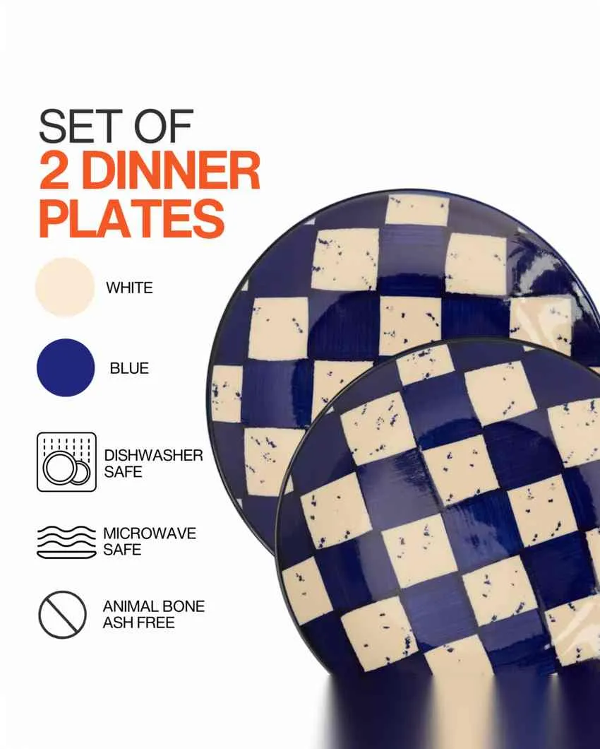 Vibrant Blue Check Ceramic Stoneware Dinner Plate | Set of 2 | 10 inches